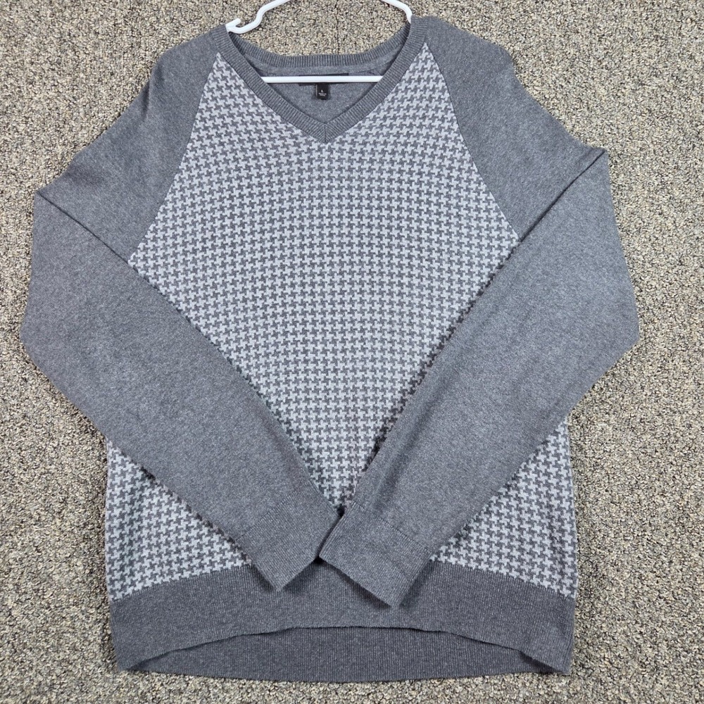 Banana Republic Sweater Men Large Gray Houndstooth V-Neck Cotton Raglan 54023